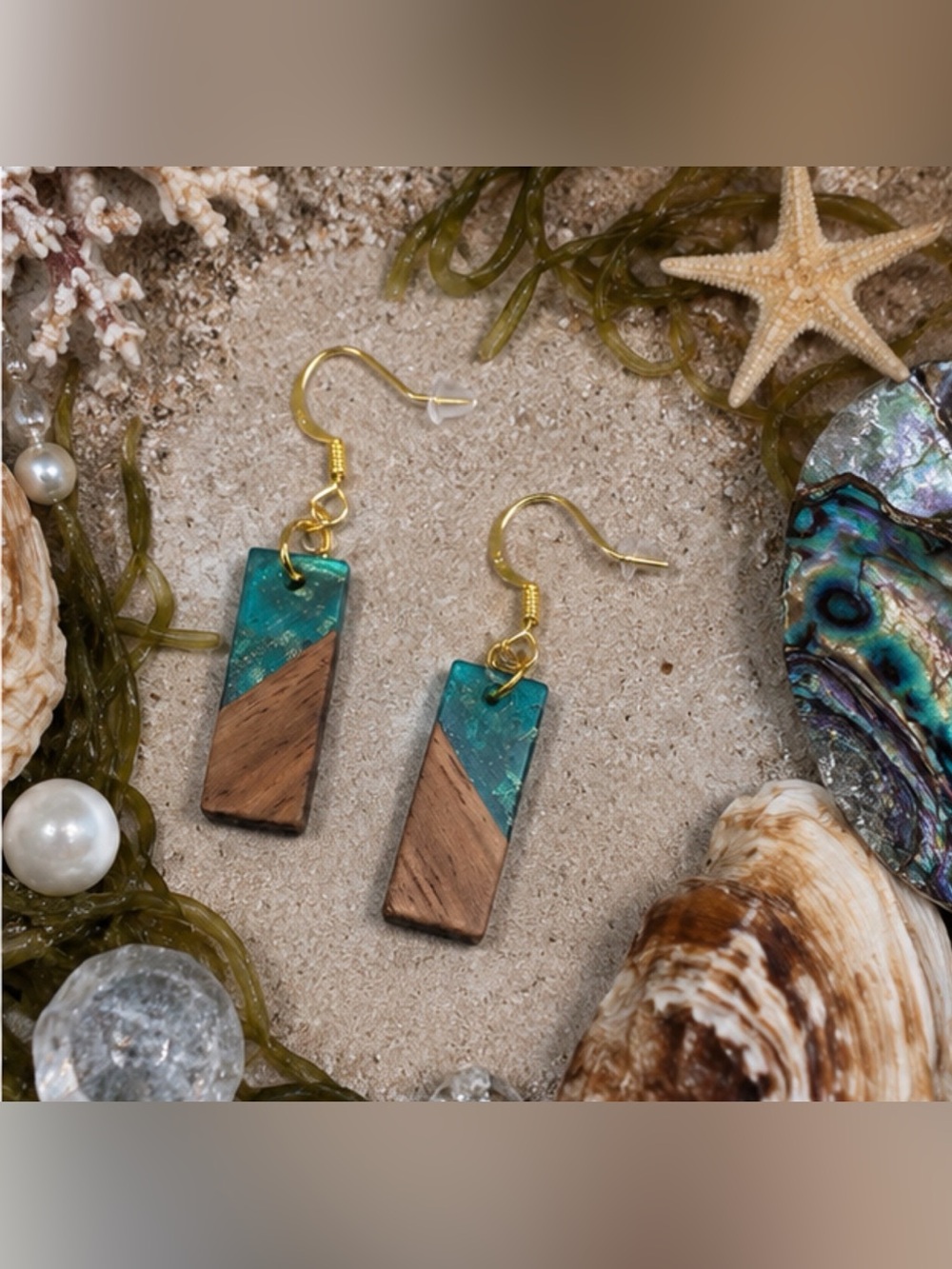 Handmade Teal and Wood Rectangle Drop Earrings - Gold Hooks